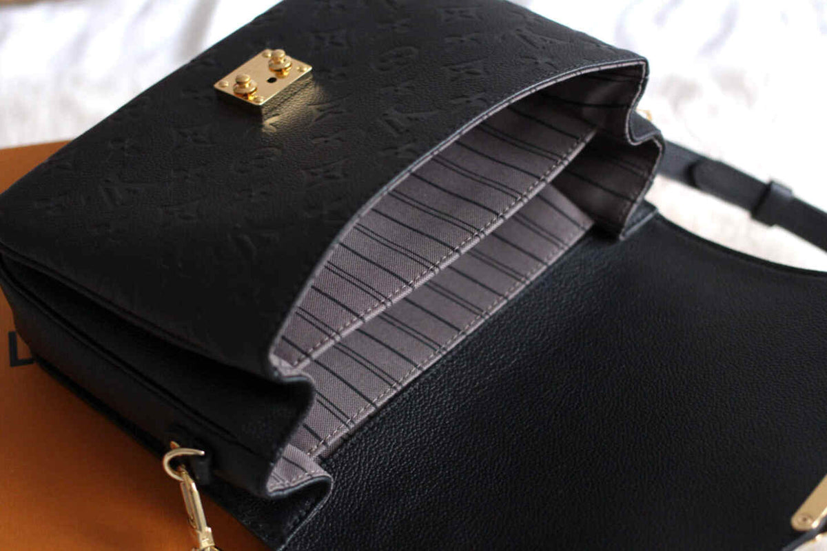 LV Pochette M¨¦tis Monogram Empreinte Leather Handle Crossbody Bag with Navy Blue Leather Trim