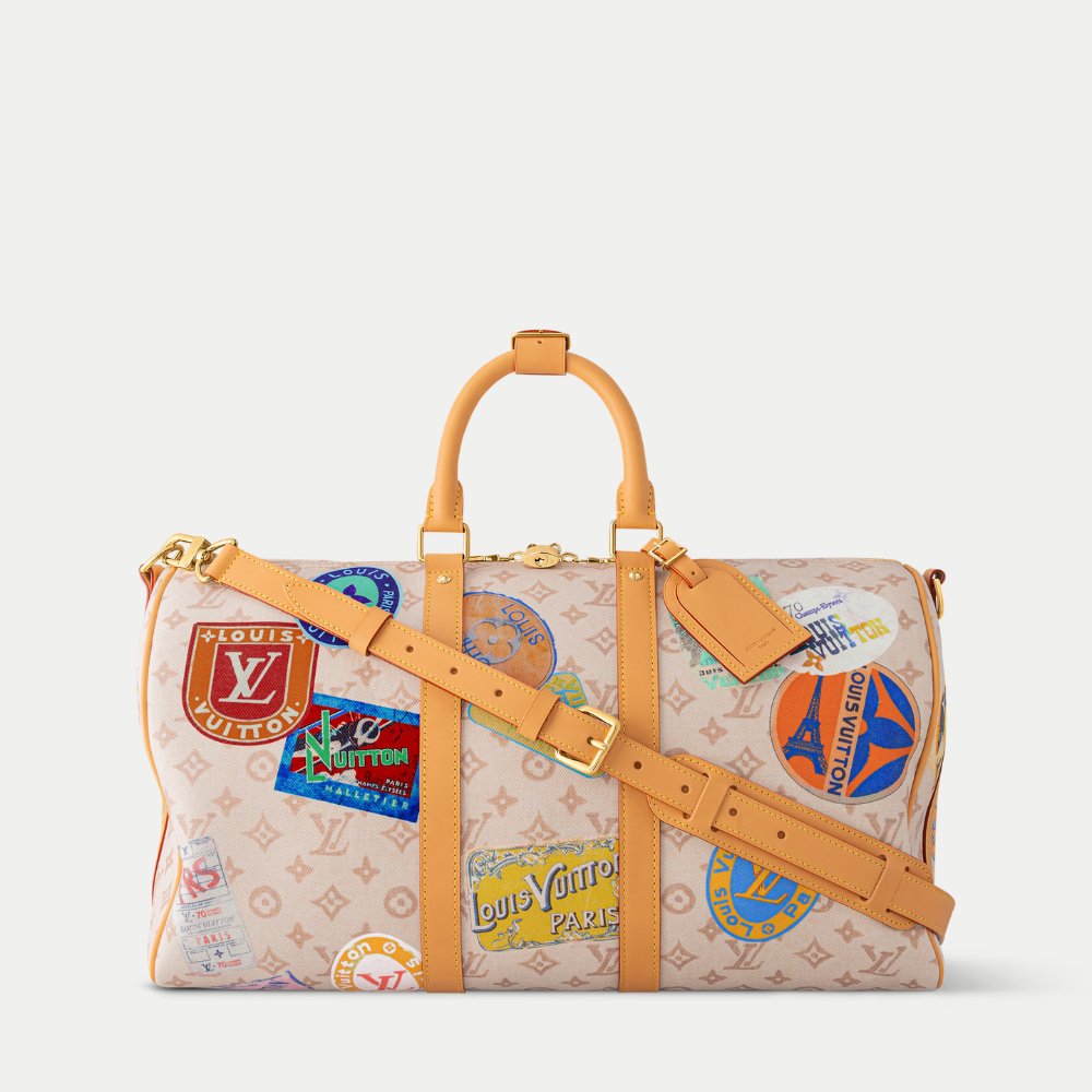 LV Keepall Bandouli¨¨re 45 Monogram Dune Canvas Travel Handle Shoulder Bag with Leather Trim and Travel Patches (45 x 27 x 20) cm