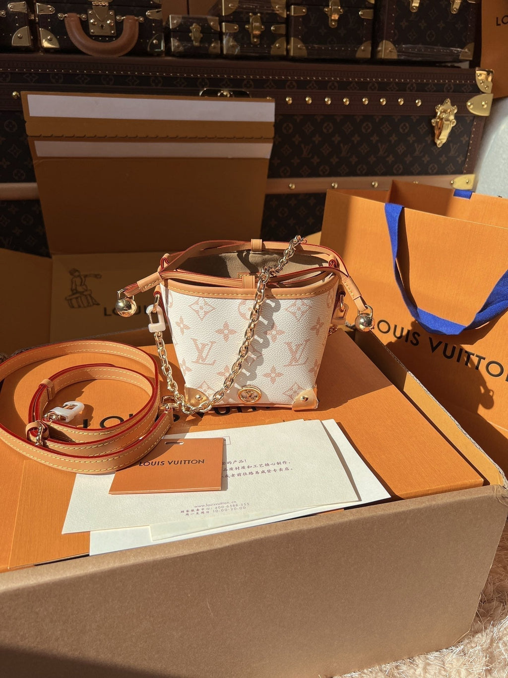 LV Nano No¨¦ Monogram Canvas Mini Bucket Shoulder Bag with Chain Strap and Leather Trim (11.5 x 12 x 11.5) cm