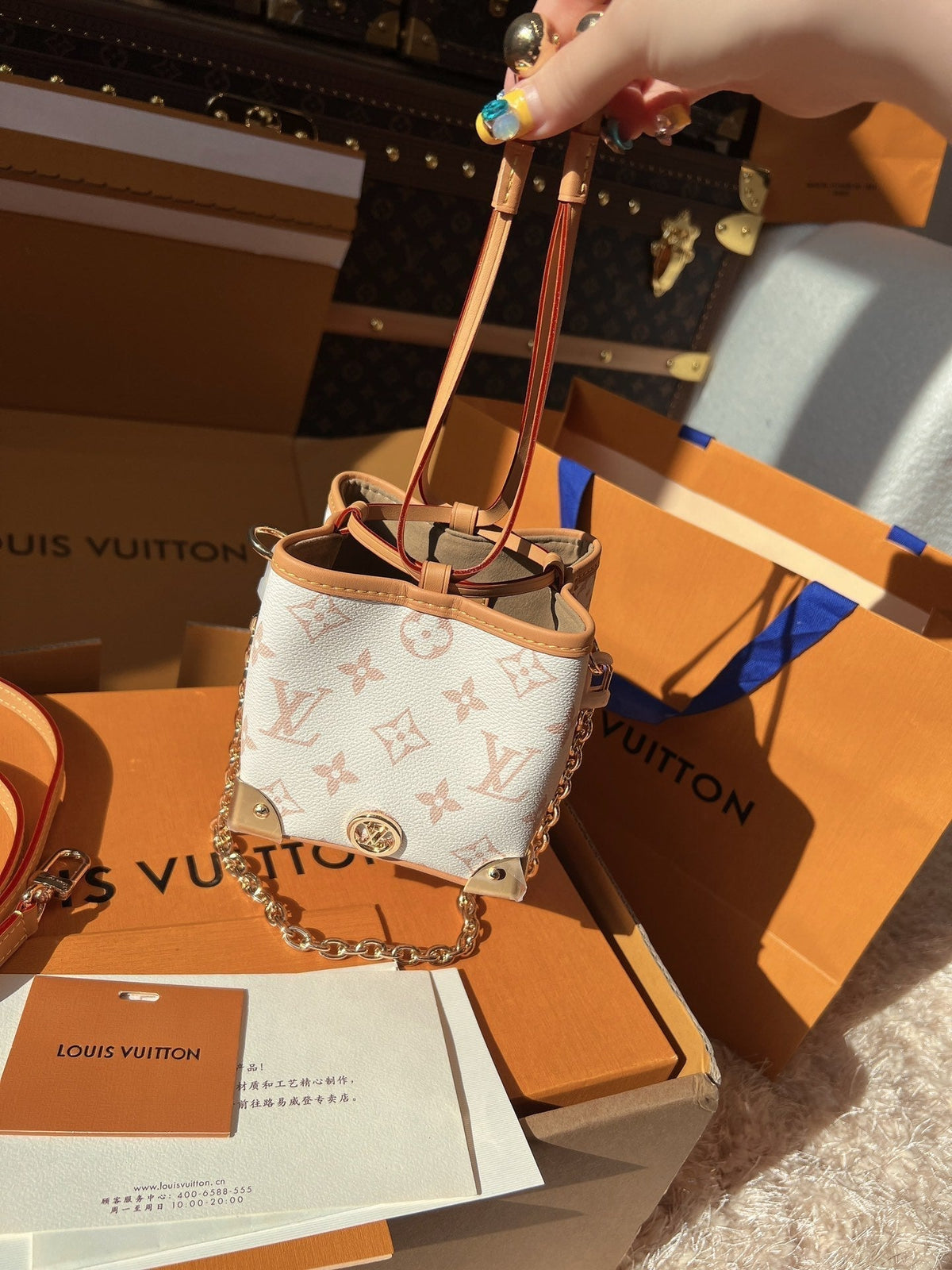 LV Nano No¨¦ Monogram Canvas Mini Bucket Shoulder Bag with Chain Strap and Leather Trim (11.5 x 12 x 11.5) cm