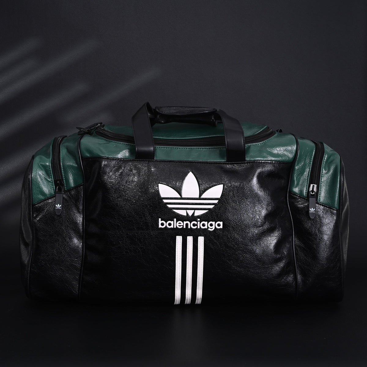 Balenciaga x adidas Large Duffel Travel Bag ¨C Black & Green with Trefoil Logo and Triple Stripes