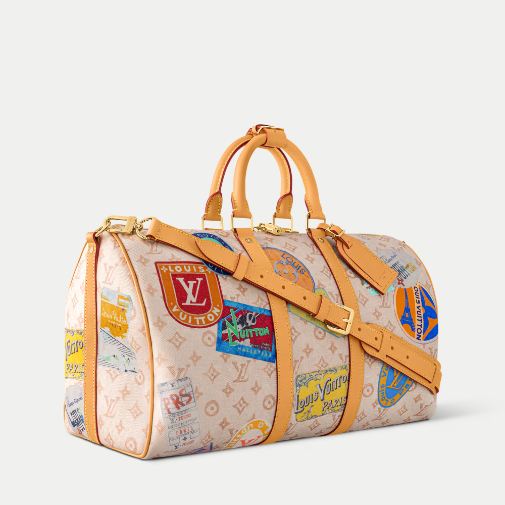 LV Keepall Bandouli¨¨re 45 Monogram Dune Canvas Travel Handle Shoulder Bag with Leather Trim and Travel Patches (45 x 27 x 20) cm