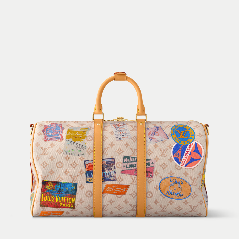 LV Keepall Bandouli¨¨re 45 Monogram Dune Canvas Travel Handle Shoulder Bag with Leather Trim and Travel Patches (45 x 27 x 20) cm