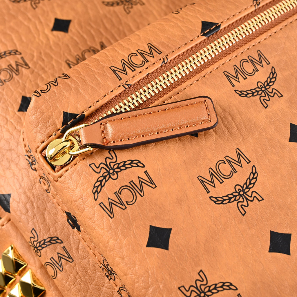 MCM Stark Visetos Medium Backpack ¨C Cognac Monogram with Gold-Tone Studs
