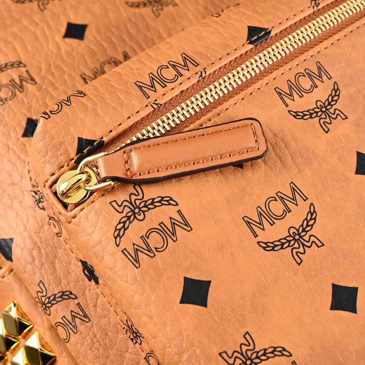 MCM Stark Visetos Medium Backpack ¨C Cognac Monogram with Gold-Tone Studs