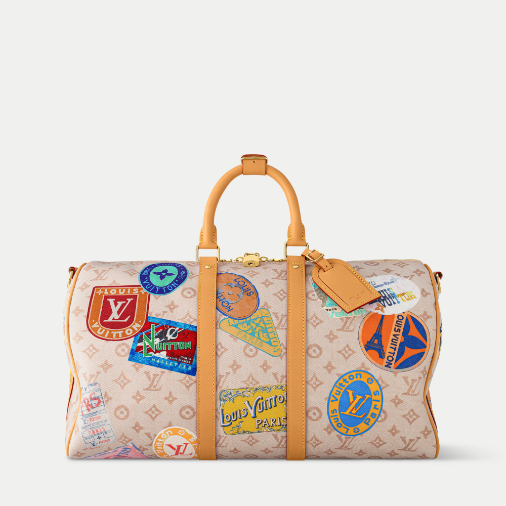 LV Keepall Bandouli¨¨re 45 Monogram Dune Canvas Travel Handle Shoulder Bag with Leather Trim and Travel Patches (45 x 27 x 20) cm