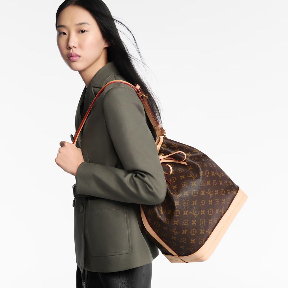 LV No¨¦ Monogram Canvas Bucket Shoulder Bag with Leather Trim and Drawstring Closure (27.5 x 36 x 20) cm