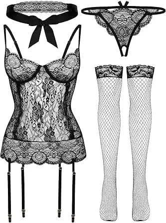 4-Piece Lace Babydoll Lingerie Set â€?Sheer Bodysuit, Thong, Stockings & Eye Mask