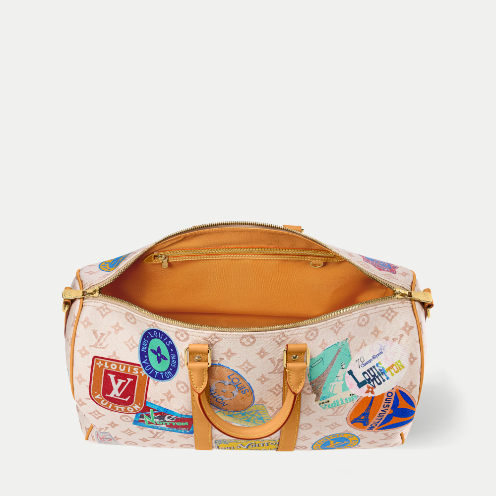 LV Keepall Bandouli¨¨re 45 Monogram Dune Canvas Travel Handle Shoulder Bag with Leather Trim and Travel Patches (45 x 27 x 20) cm