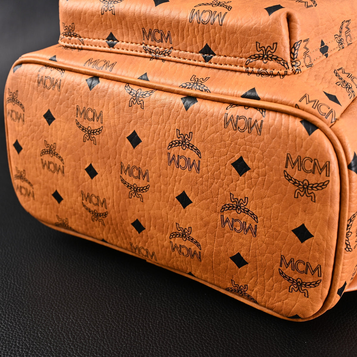 MCM Stark Visetos Medium Backpack ¨C Cognac Monogram with Gold-Tone Studs
