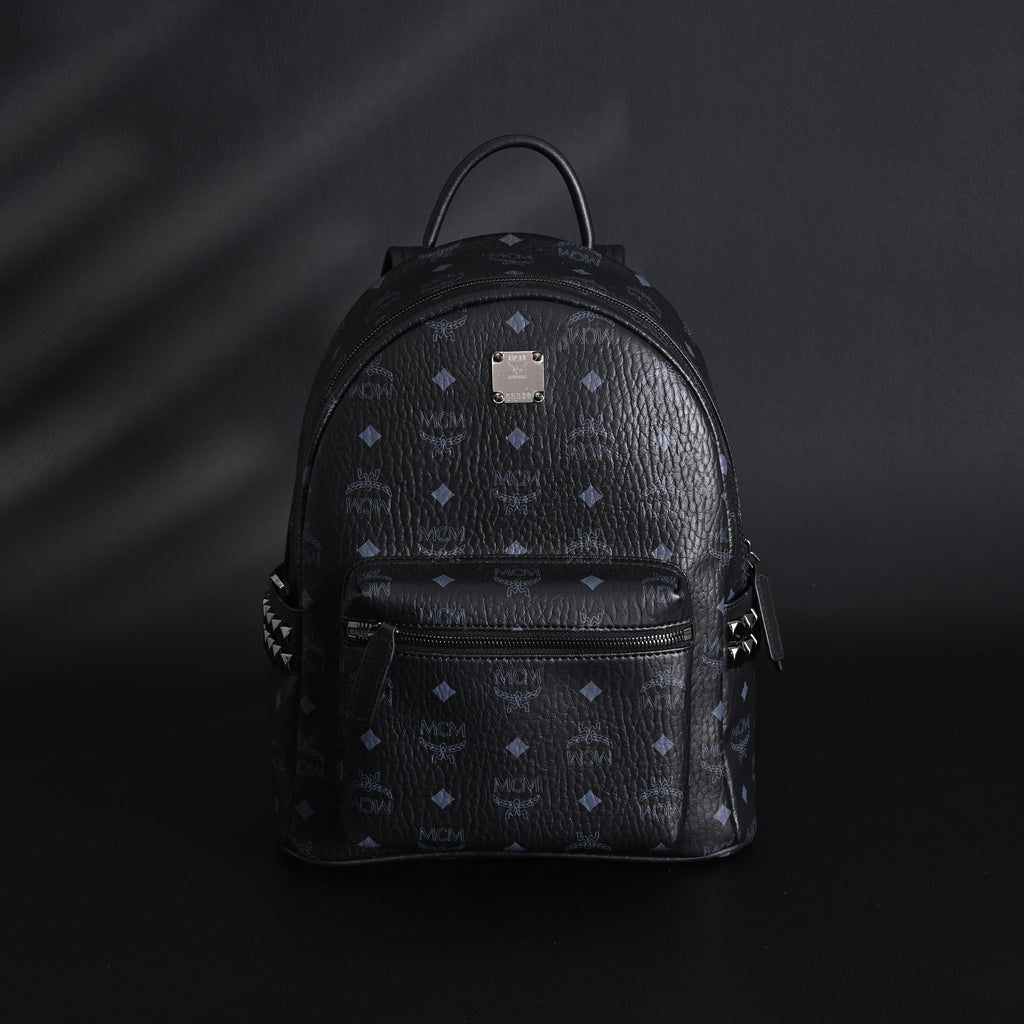 MCM Stark Visetos Medium Backpack ¨C Black Monogram with Studded Detailing