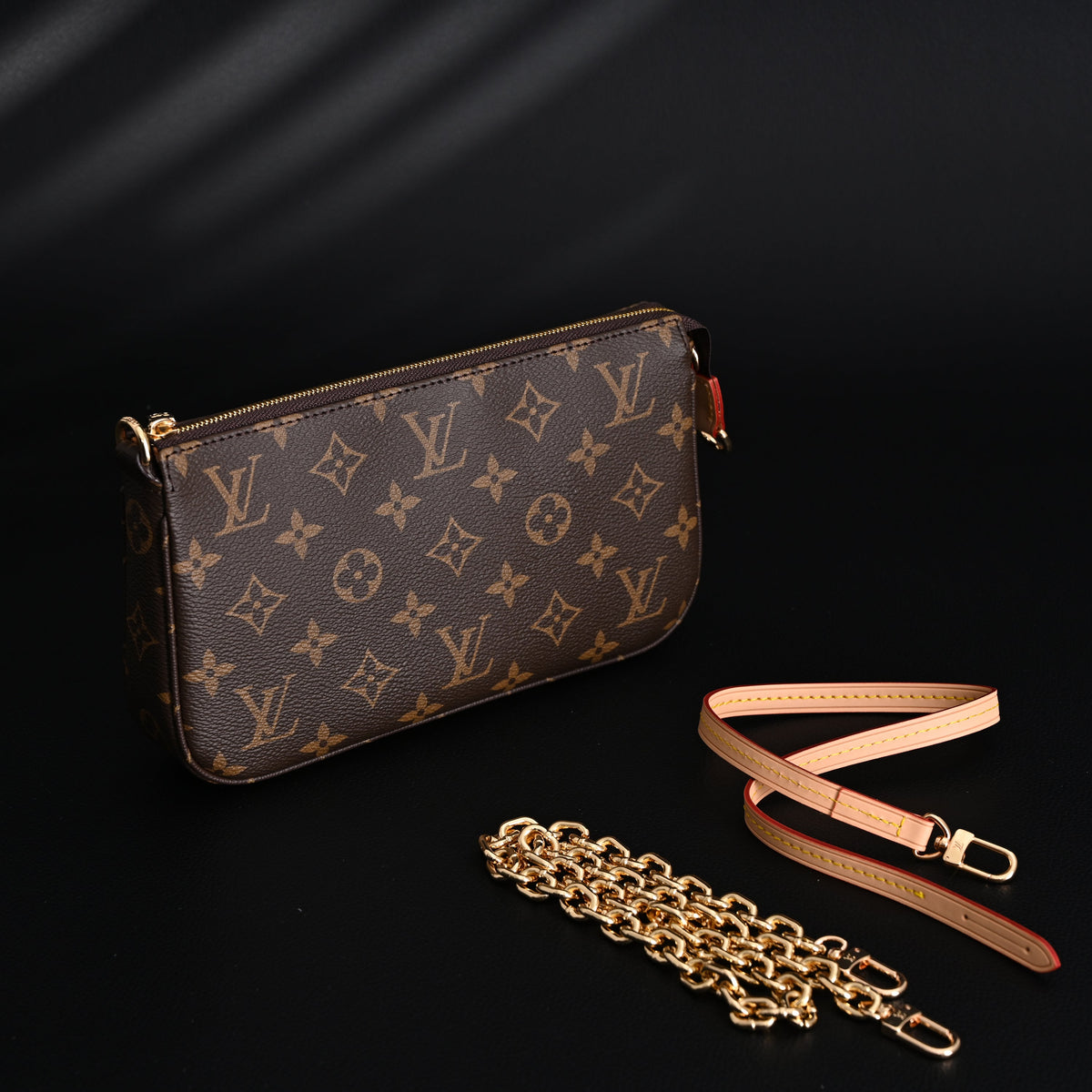 Louis Vuitton Pochette Accessoires Monogram Canvas Clutch Bag ¨C Brown with Gold Chain (M82766)