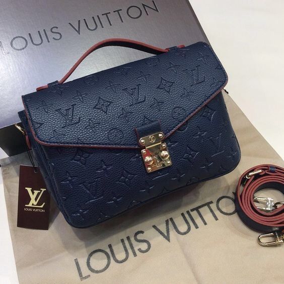 LV Pochette M¨¦tis Monogram Empreinte Leather Handle Crossbody Bag with Navy Blue Leather Trim