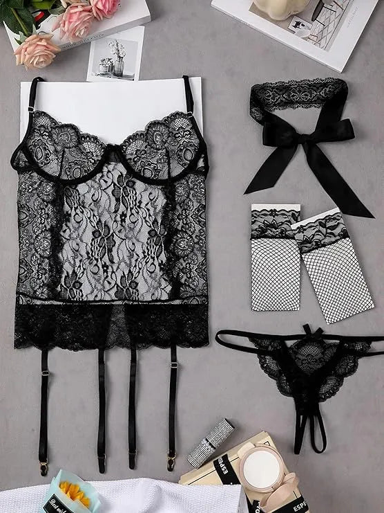 4-Piece Lace Babydoll Lingerie Set â€?Sheer Bodysuit, Thong, Stockings & Eye Mask